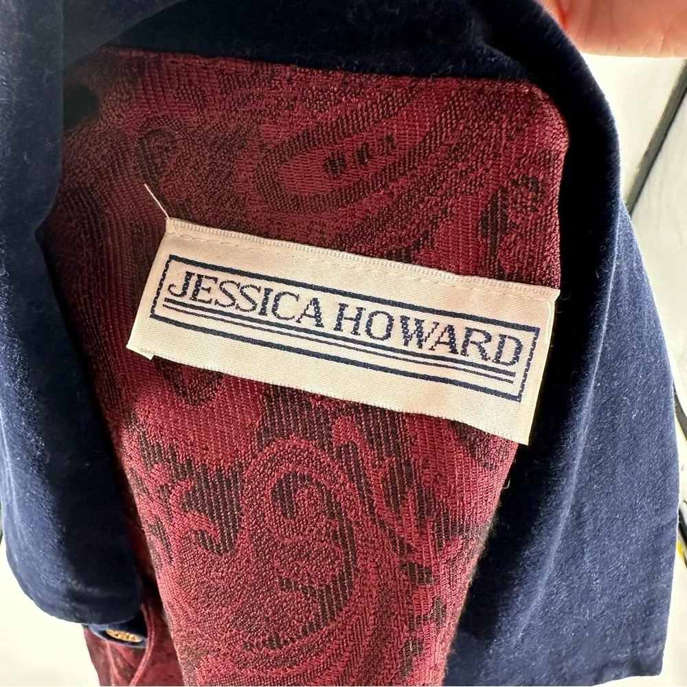Jessica Howard blazer size 4 burgundy navy velvet paisley double breasted 90s